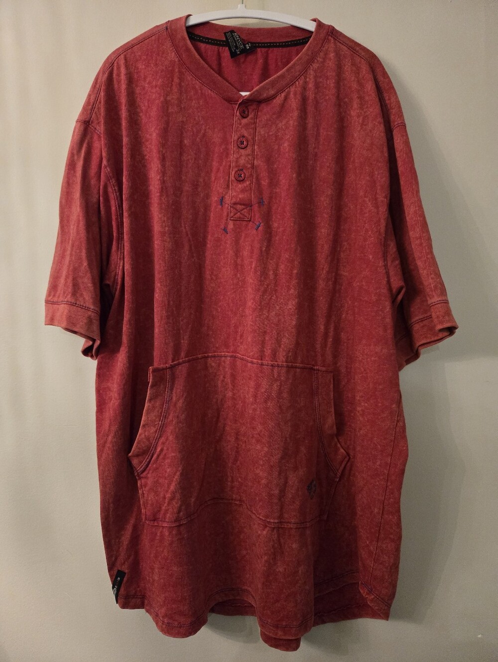 Enyce Shirt Mens [3XL] Red Acid Wash Henley Short Sleeve Kangaroo Pocket Y2K